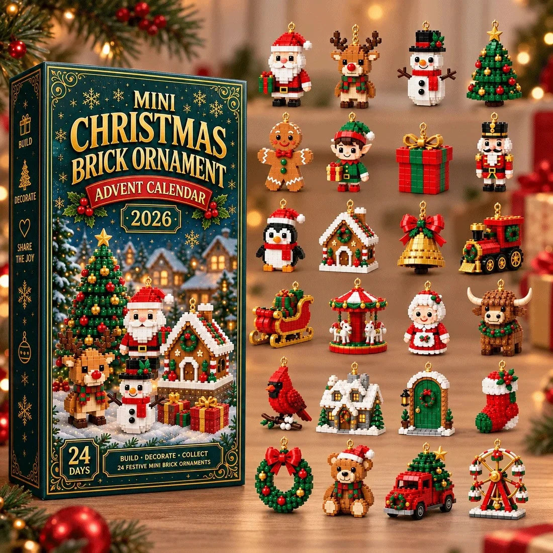 All mini Christmas brick ornament designs next to the advent calendar box