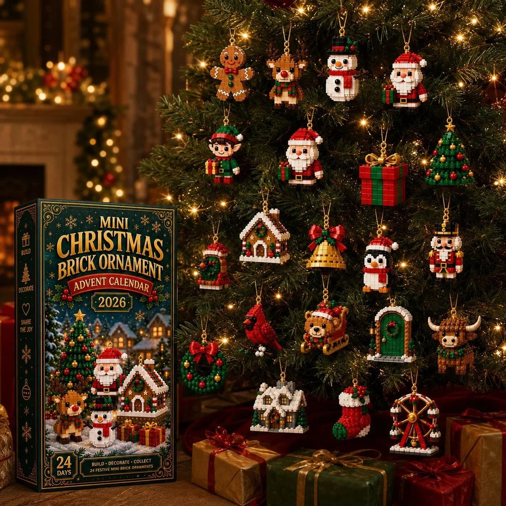 Christmas tree decorated with mini brick ornaments beside the advent calendar