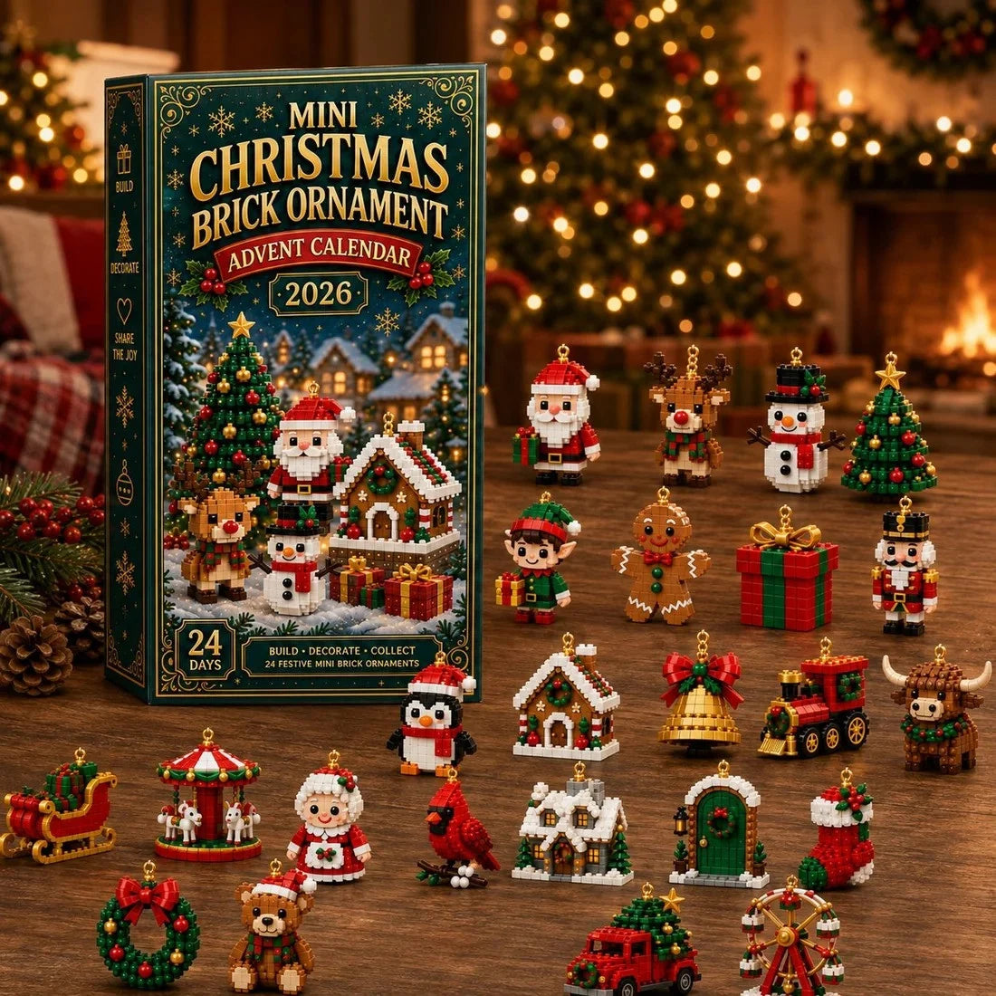 24-Day Mini Christmas Brick Ornament Advent Calendar with all finished ornaments on a festive table