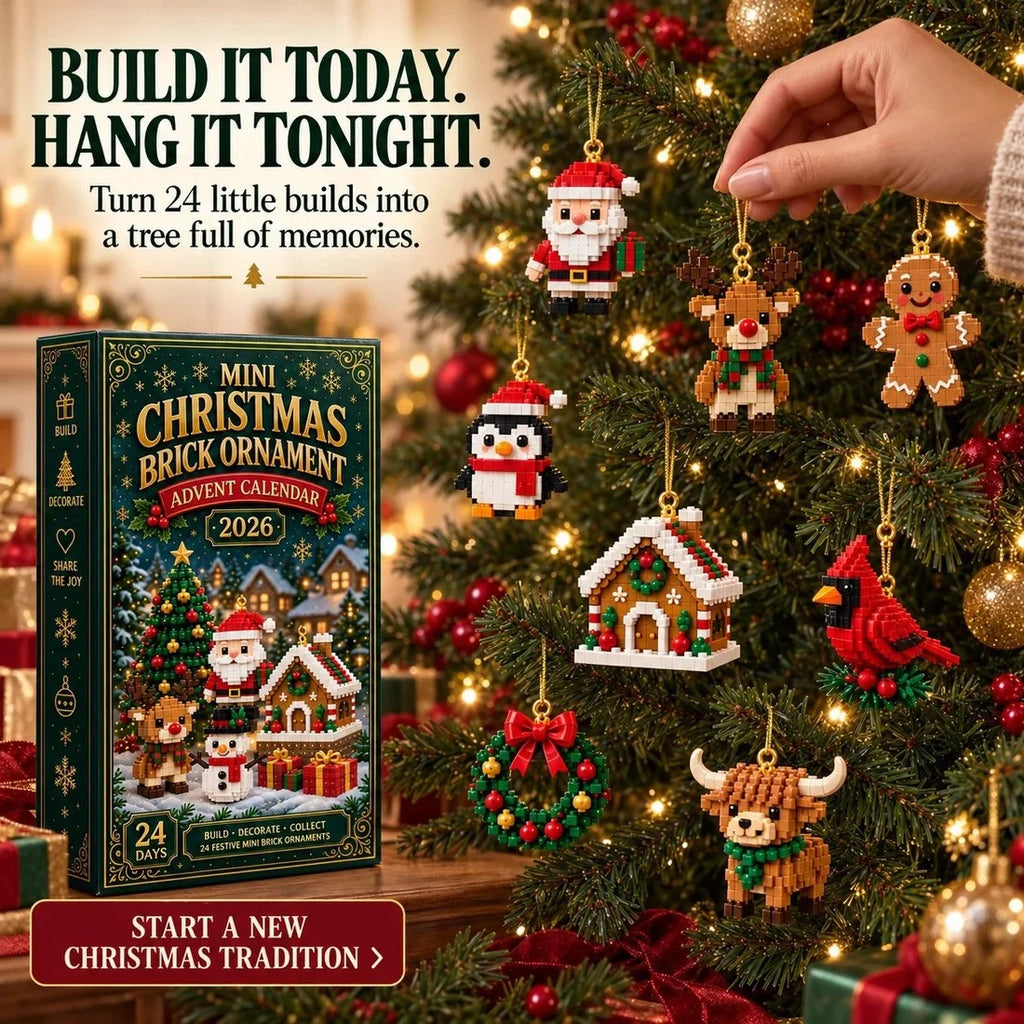 Build it today, hang it tonight — mini brick ornaments hung on a Christmas tree