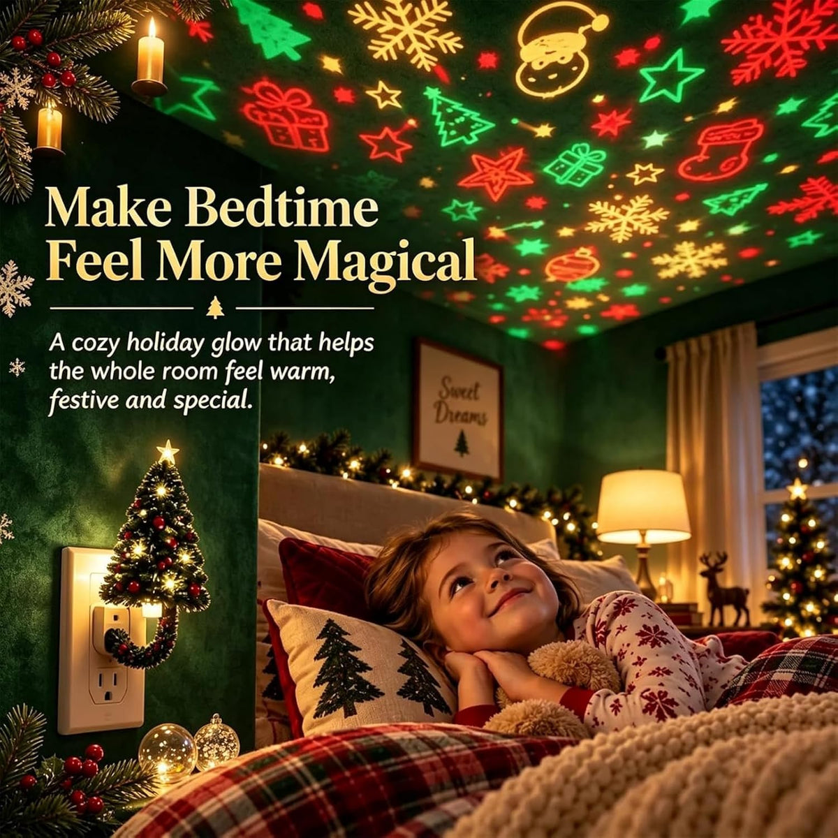USB Christmas Projector Night Light lighting up a child's bedroom ceiling